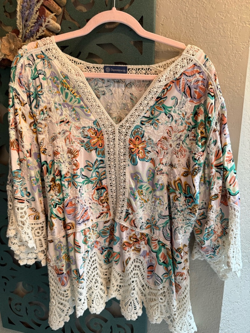 Democracy Women's Floral Crochet-Trim V-Neck Top in Multi